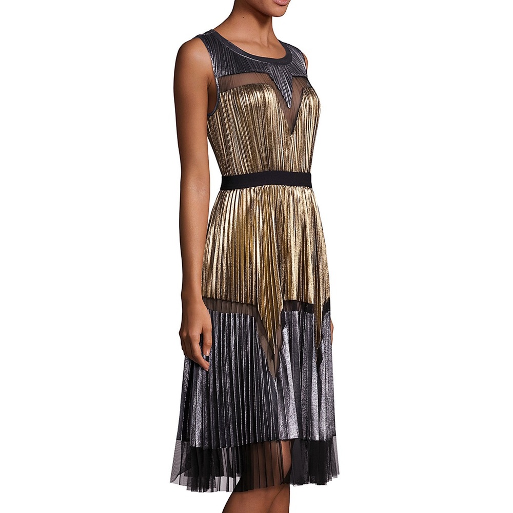 BCBGMaxAzria Metallic Pleated Midi Dress Small